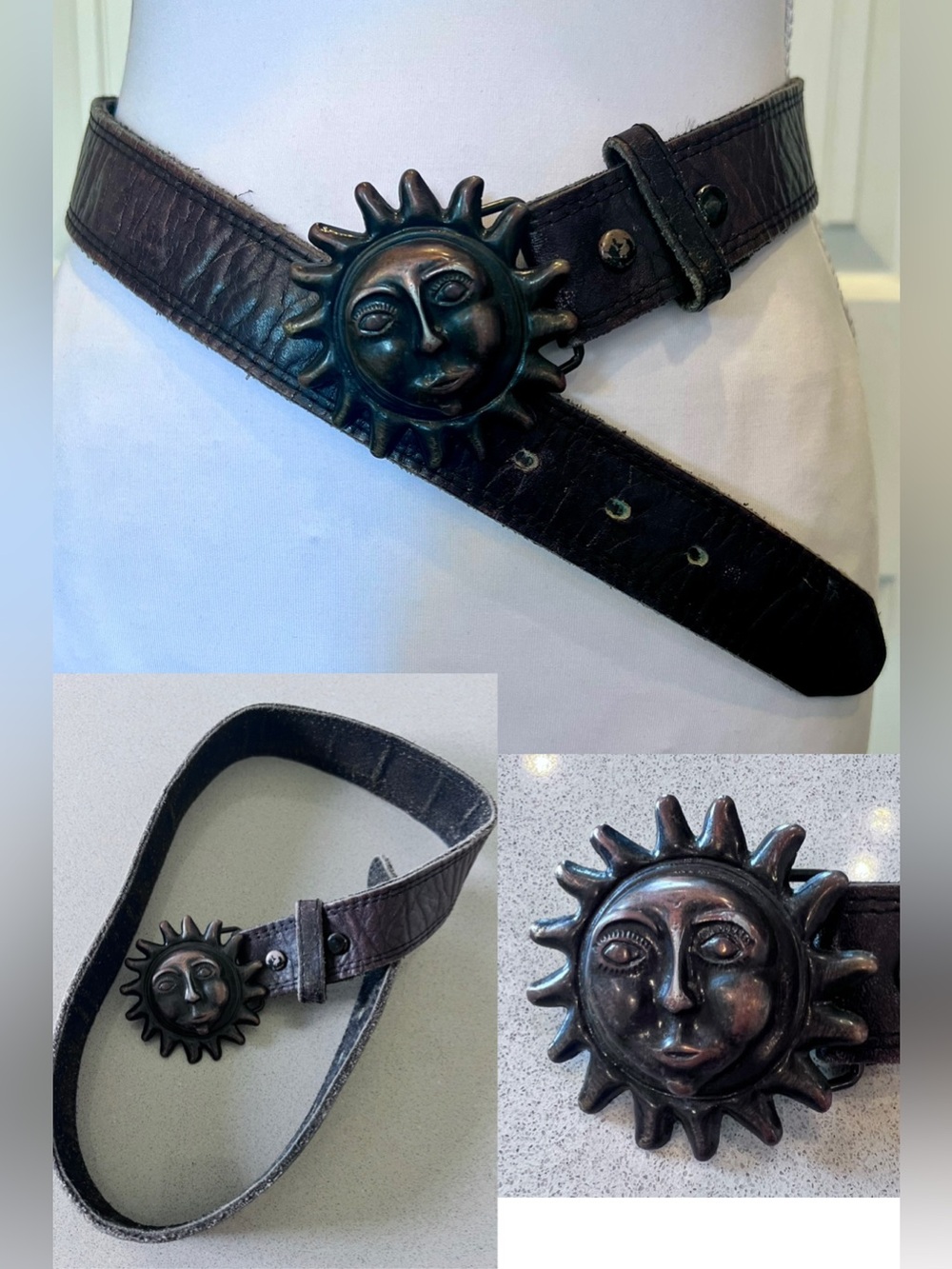 Vintage 1990s "whimsigoth" Celestial Sun face belt  28” to 32”